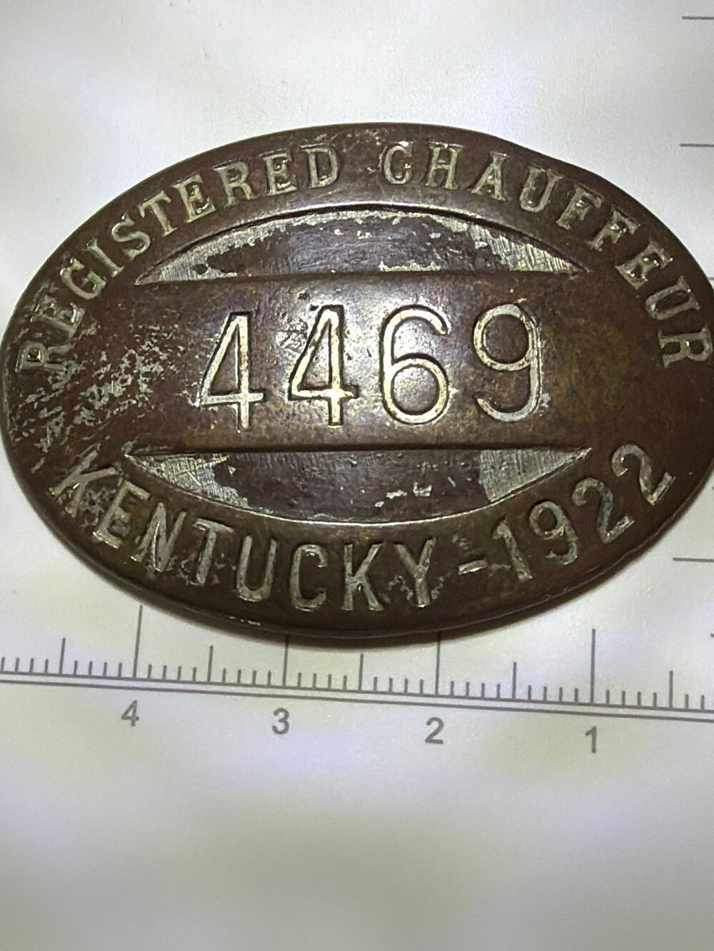 Vintage Registered Chauffeur Badge Kentucky 1922 License #4469 Metal Pinback